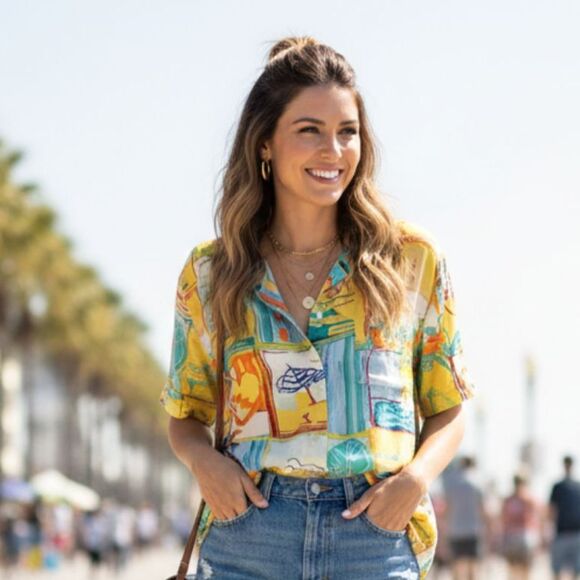 Vintage Button Down Tropical Shirt Patchwork Yellow Rayon Beach Women sz 22W - Picture 1 of 9